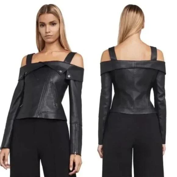 NWT BCBGMAXAZRIA Clyde Faux Leather Moto Jacket Top in Black XS - Picture 1 of 7